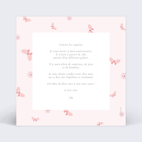 Invitation anniversaire enfant Papillon Féerique Verso