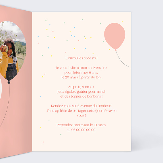 Invitation anniversaire enfant Ballon glitter fille Intérieur Droit