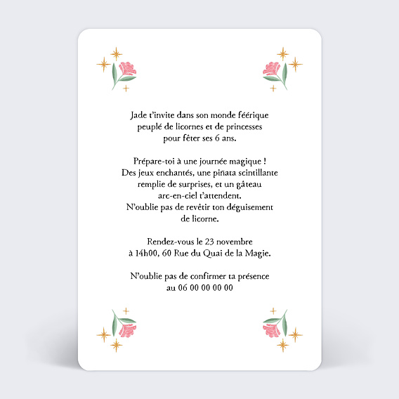 Invitation Anniversaire Enfant Licorne Rose