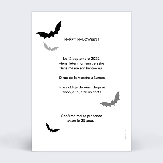 Invitation anniversaire enfant Chauve-Souris Verso