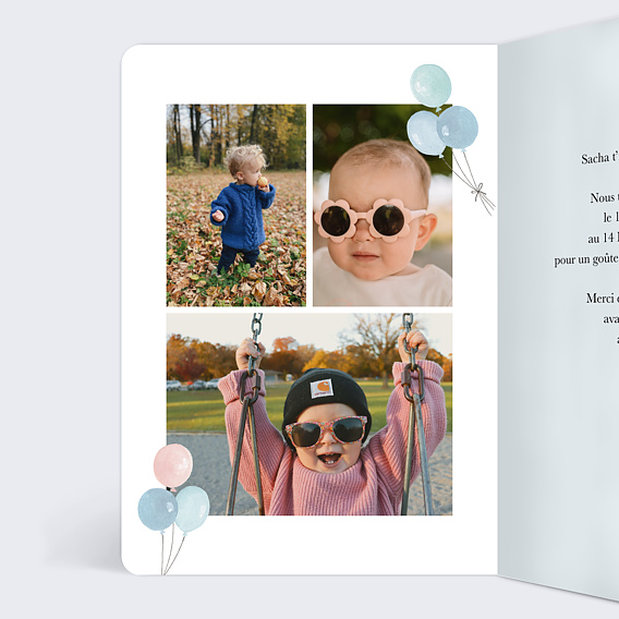 Invitation anniversaire enfant Montgolfière et Animaux Intérieur Gauche