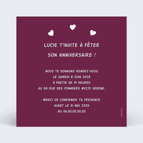 Invitation anniversaire enfant Poney Verso