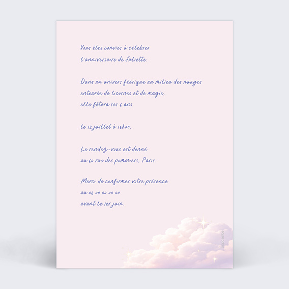 Invitation anniversaire enfant Portrait avec licorne Verso
