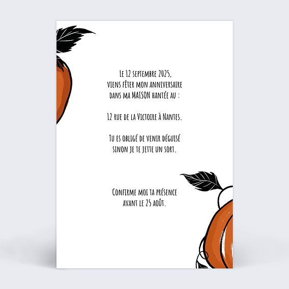 Invitation anniversaire enfant Citrouille Orange Verso