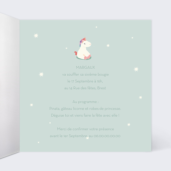Invitation anniversaire enfant Petite Licorne Intérieur Droit