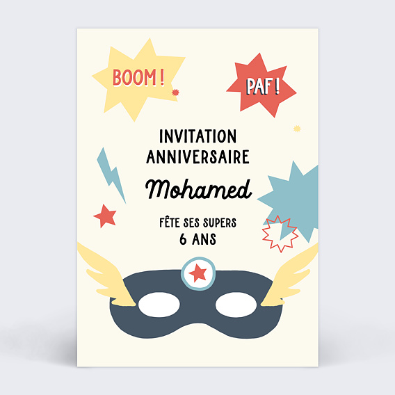 Carte d'invitation anniversaire enfant masque super héros - Fête