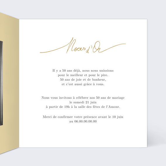 Invitation anniversaire mariage Lettres Noces d'Or Intérieur Droit