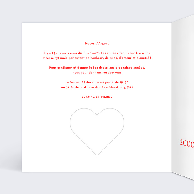 Carte Invitation Anniversaire de Mariage Découpe Cœur Intérieur Gauche