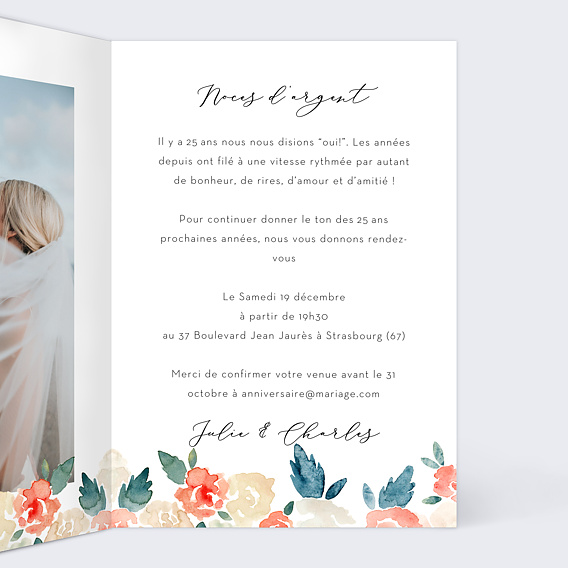 Invitation anniversaire mariage Envolée Florale Intérieur Droit