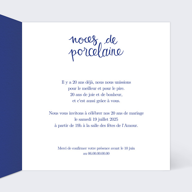 Carte d'Invitation Anniversaire de Mariage Typo Porcelaine Intérieur Droit