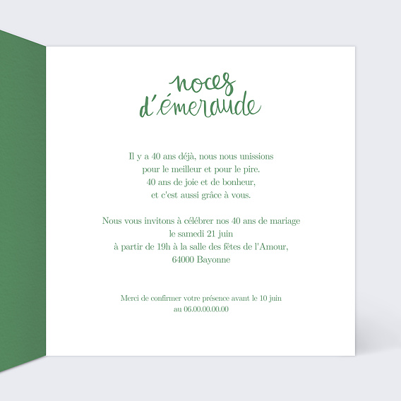 Invitation anniversaire mariage Typo Émeraude Intérieur Droit