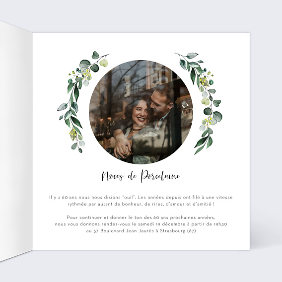 Invitation anniversaire mariage Découpe Eucalyptus Couronne Intérieur Droit