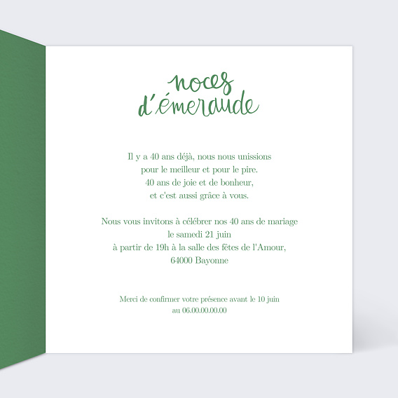 Invitation anniversaire mariage Typo Émeraude Intérieur Droit