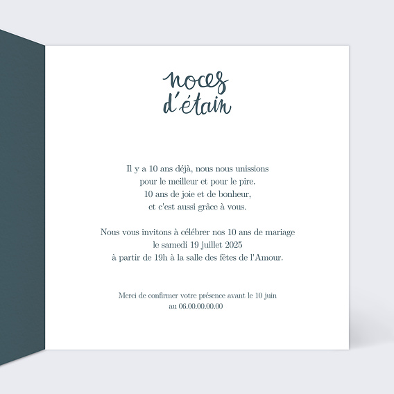 Invitation anniversaire mariage Typo Étain Intérieur Droit