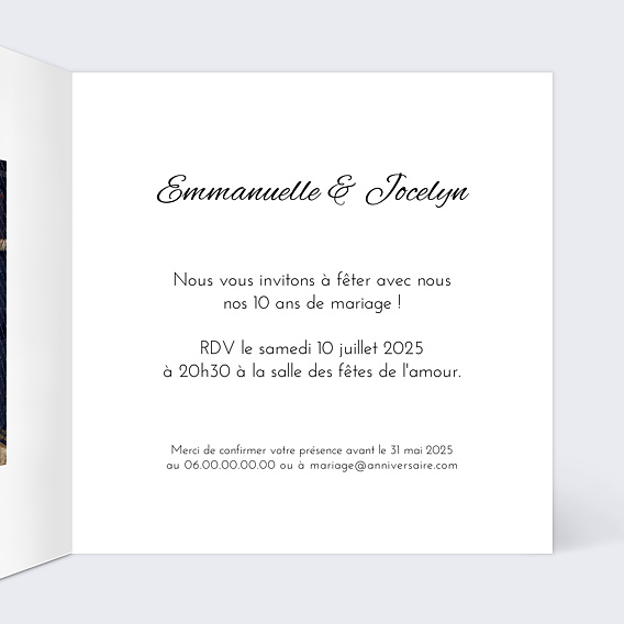 Invitation anniversaire mariage Sobre & Jolie Intérieur Droit