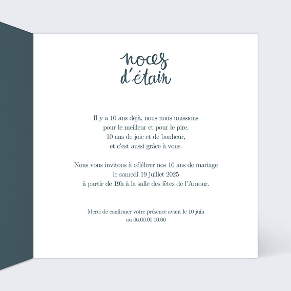 Invitation anniversaire mariage Typo Étain Intérieur Droit