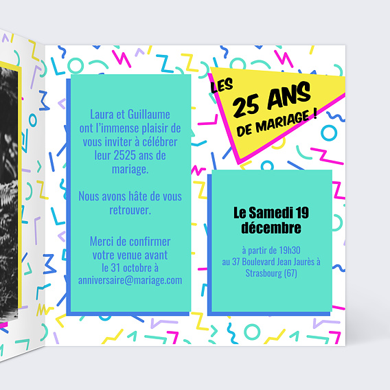Invitation anniversaire mariage Années 90 Intérieur Droit