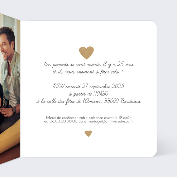 Invitation anniversaire mariage Cœur Familial Intérieur Droit