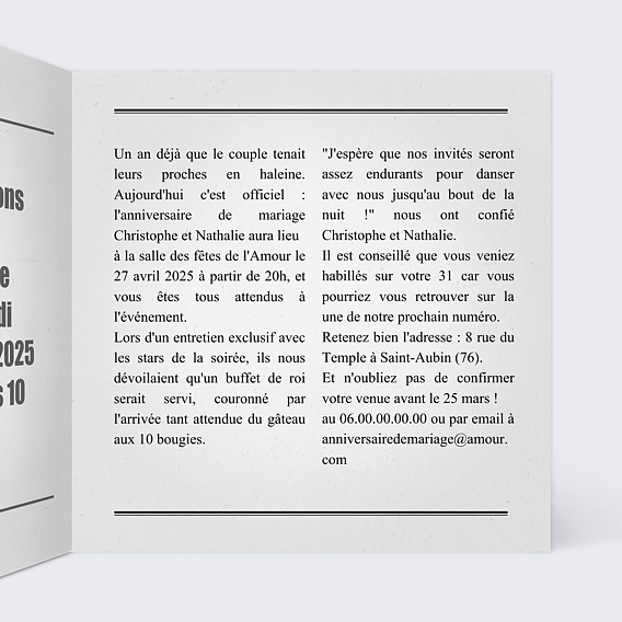 Invitation anniversaire mariage Journal Intérieur Droit