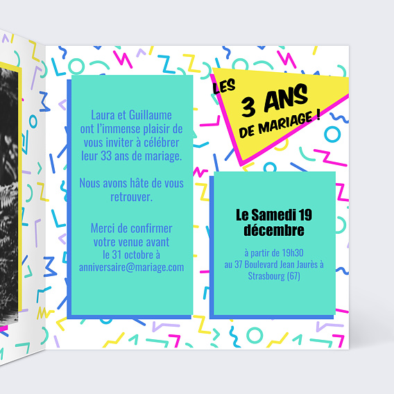 Invitation anniversaire mariage Années 90 Intérieur Droit
