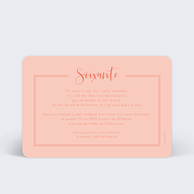 Carte d'Invitation Anniversaire de Mariage Milestone Soixante Verso