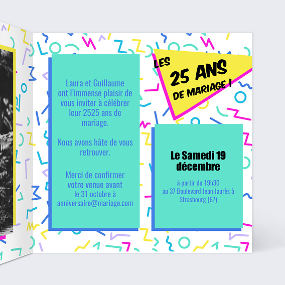 Invitation anniversaire mariage Années 90 Intérieur Droit