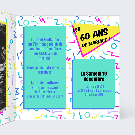 Invitation anniversaire mariage Années 90 Intérieur Droit