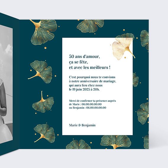 Invitation anniversaire mariage Ginkgo Intérieur Droit