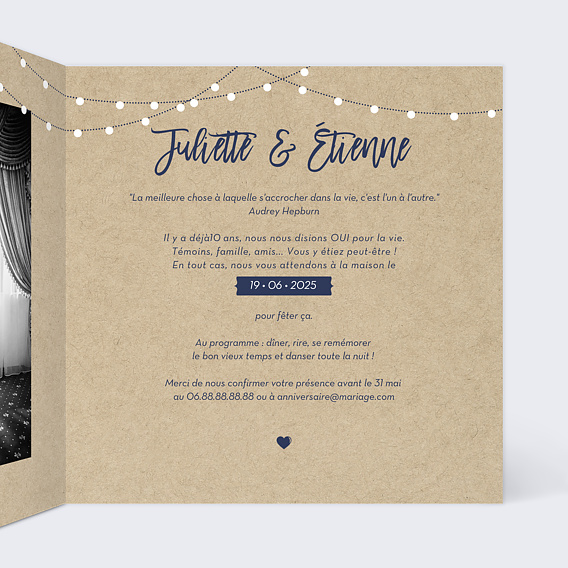 Invitation anniversaire mariage Notre Histoire Intérieur Droit