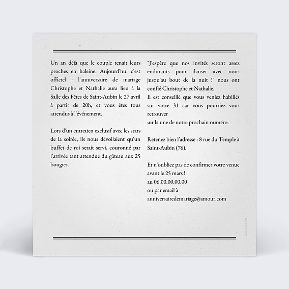 Invitation anniversaire mariage Journal Verso