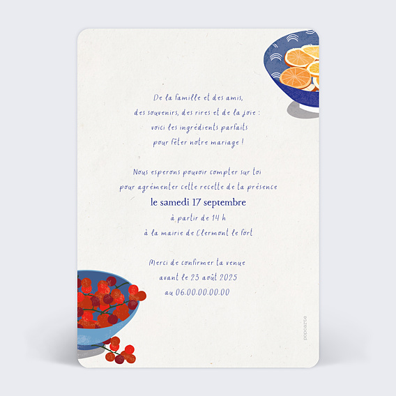 Invitation anniversaire mariage Recette Verso