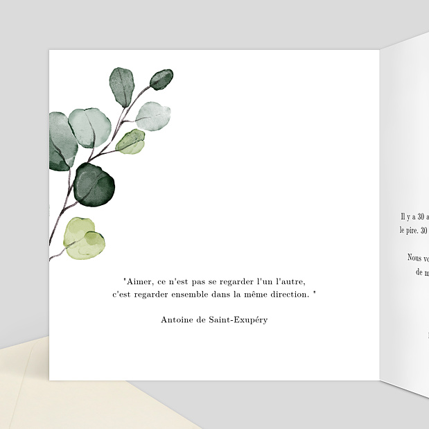 Carte Invitation Anniversaire de Mariage Dorure Eucalyptus Intérieur Gauche