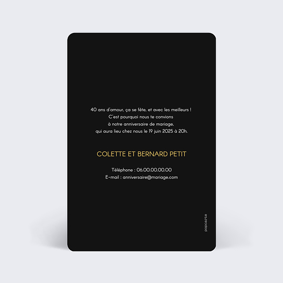 Invitation anniversaire mariage Quarante Chic Verso
