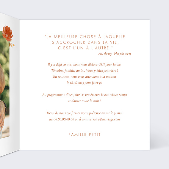 Invitation anniversaire mariage Ronde de Fleurs Intérieur Droit