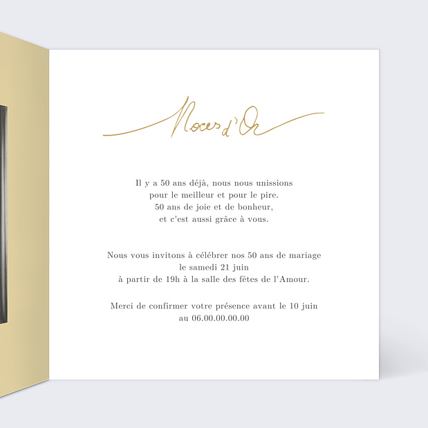 Carte d'Invitation Anniversaire de Mariage Lettres Noces d'Or Intérieur Droit