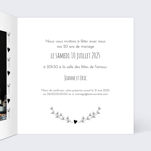 Carte d'invitation anniversaire de mariage Coeur bucolique Intérieur Droit