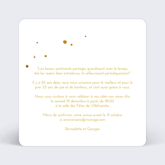 Invitation anniversaire mariage Golden Dots Verso