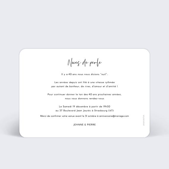 Invitation anniversaire mariage Charme Classique Verso