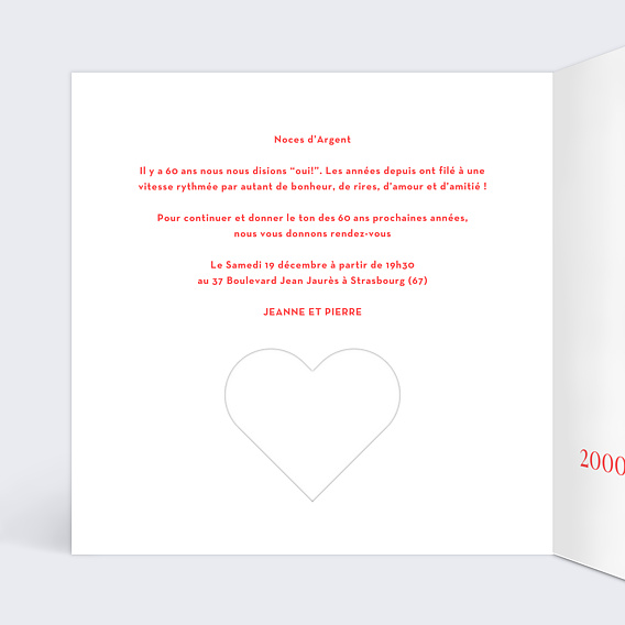 Invitation anniversaire mariage Découpe Cœur Intérieur Gauche