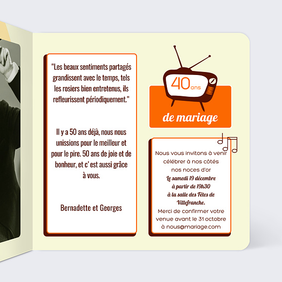 Invitation anniversaire mariage Années 70 Intérieur Droit