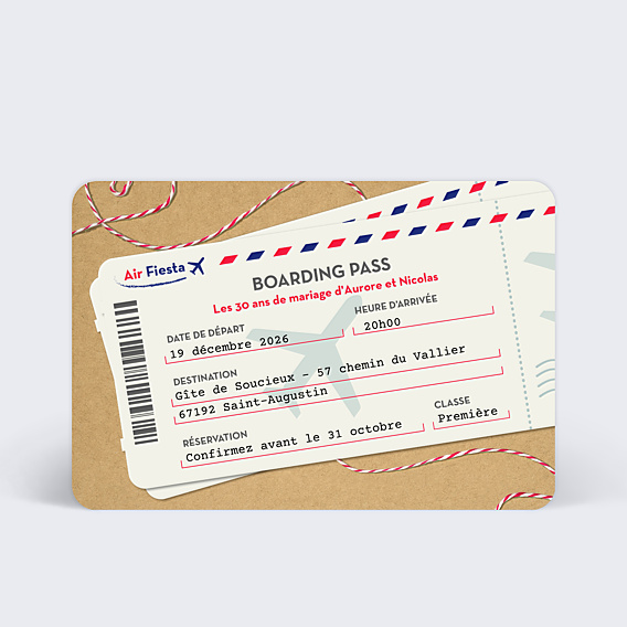 Invitation anniversaire mariage Boarding Pass