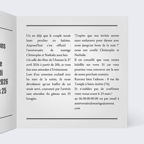 Invitation anniversaire de mariage Journal