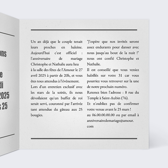 Invitation anniversaire mariage Journal Intérieur Droit