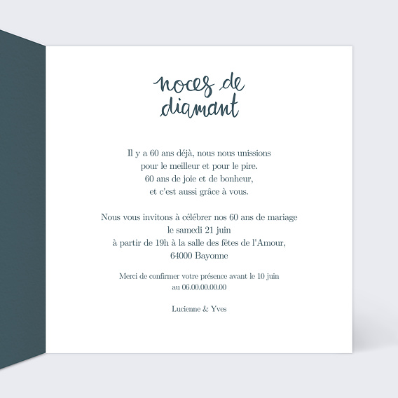 Invitation anniversaire mariage Typo Diamant Intérieur Droit