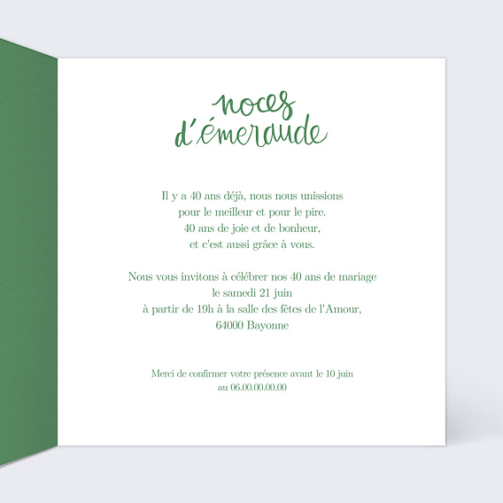 Invitation anniversaire de mariage Typo Émeraude