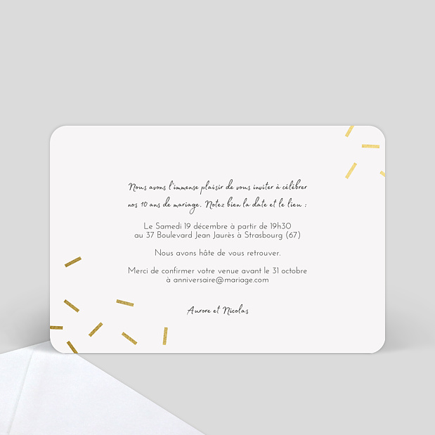 Carte d'Invitation Anniversaire de Mariage 10 ans Chic Verso