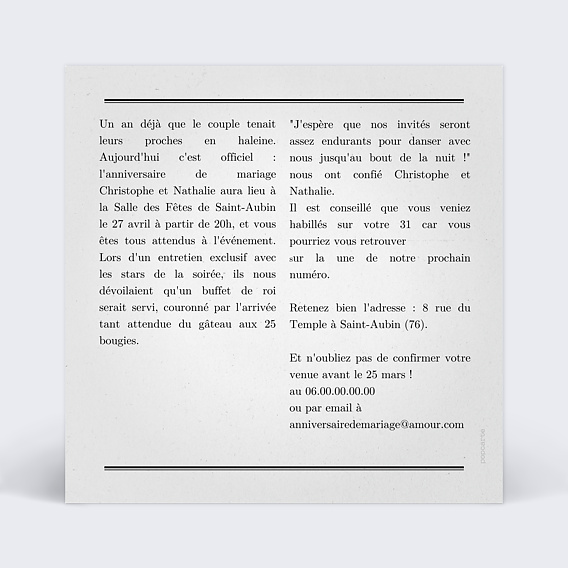 Invitation anniversaire mariage Journal Verso