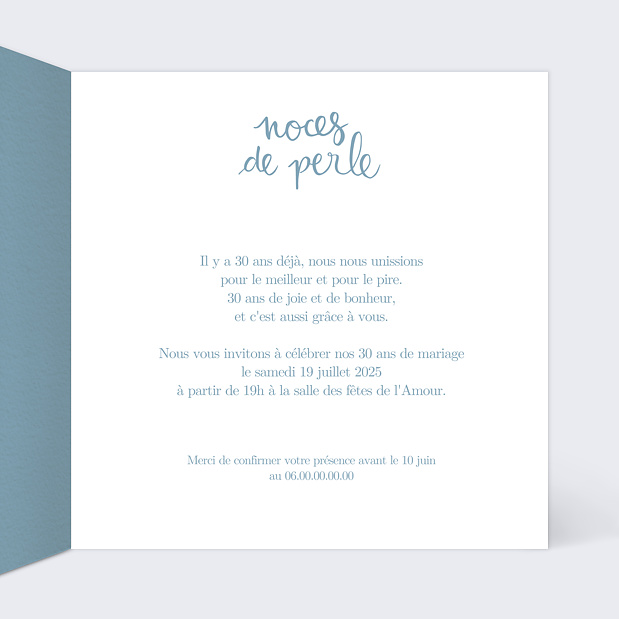 Carte d'Invitation Anniversaire de Mariage Typo Perle Intérieur Droit