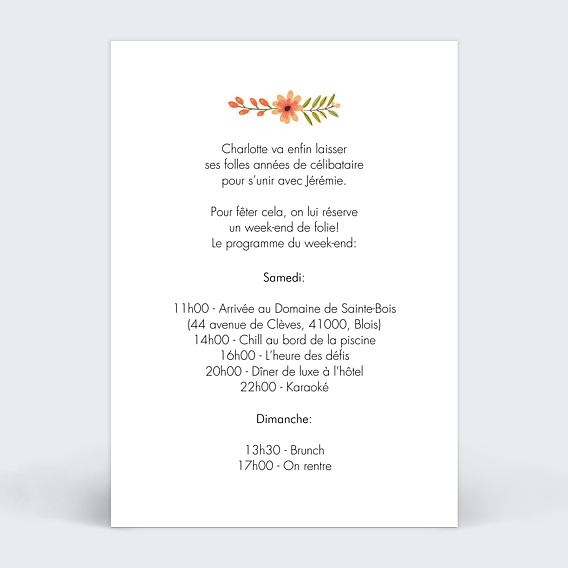 Carte invitation EVJF Bouquet Printanier Verso
