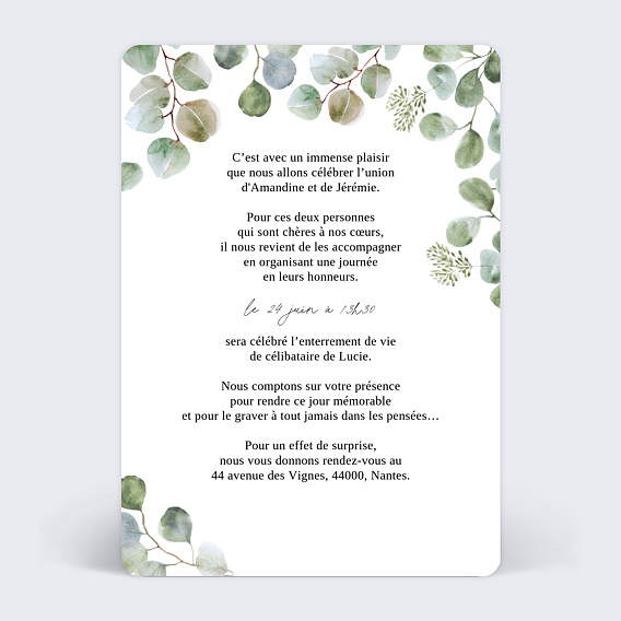 Carte invitation EVJF Euclayptus Verdoyant Verso